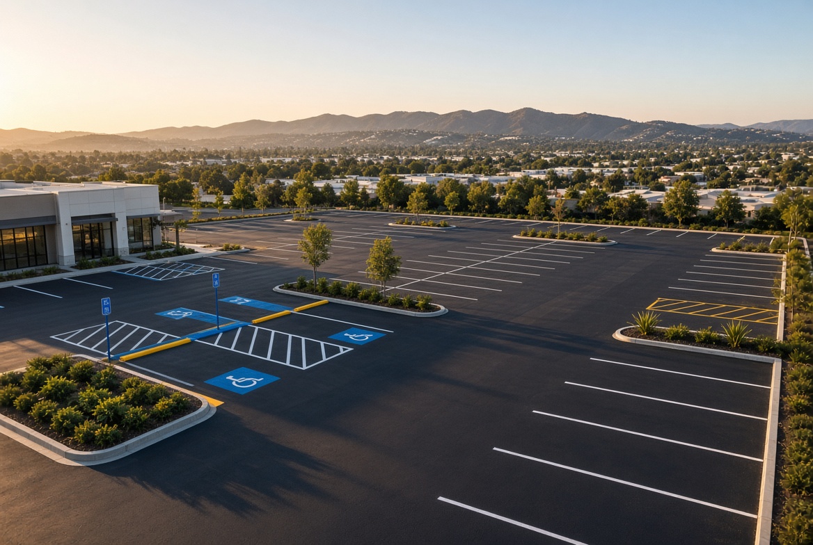 Freshly paved commercial parking lot
