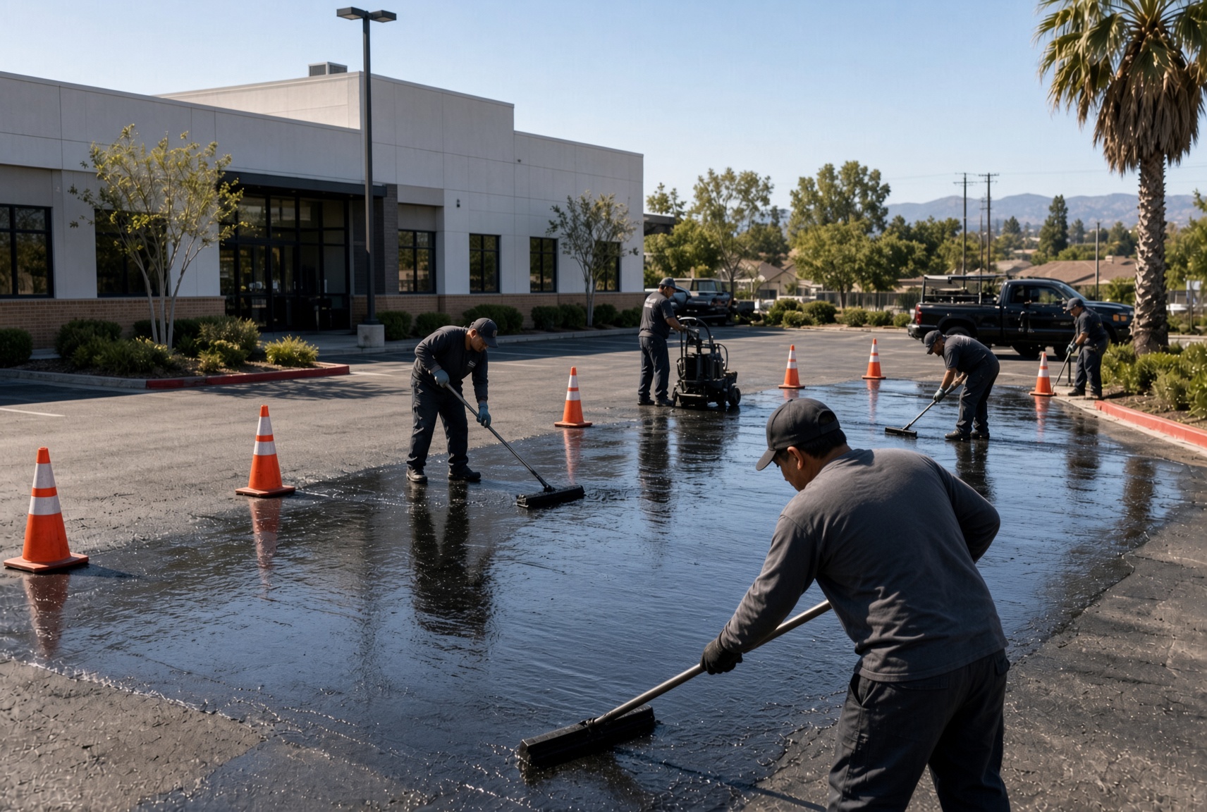 Sealcoat crew on a commercial lot